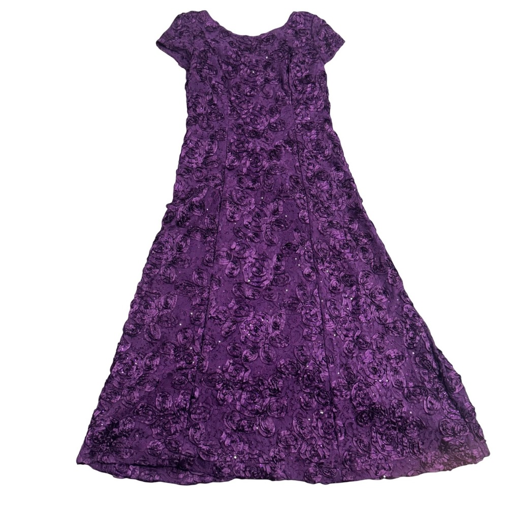 Alex Evenings Purple Rosette Lace Embellished A Line Evening Gown Formal Wedding